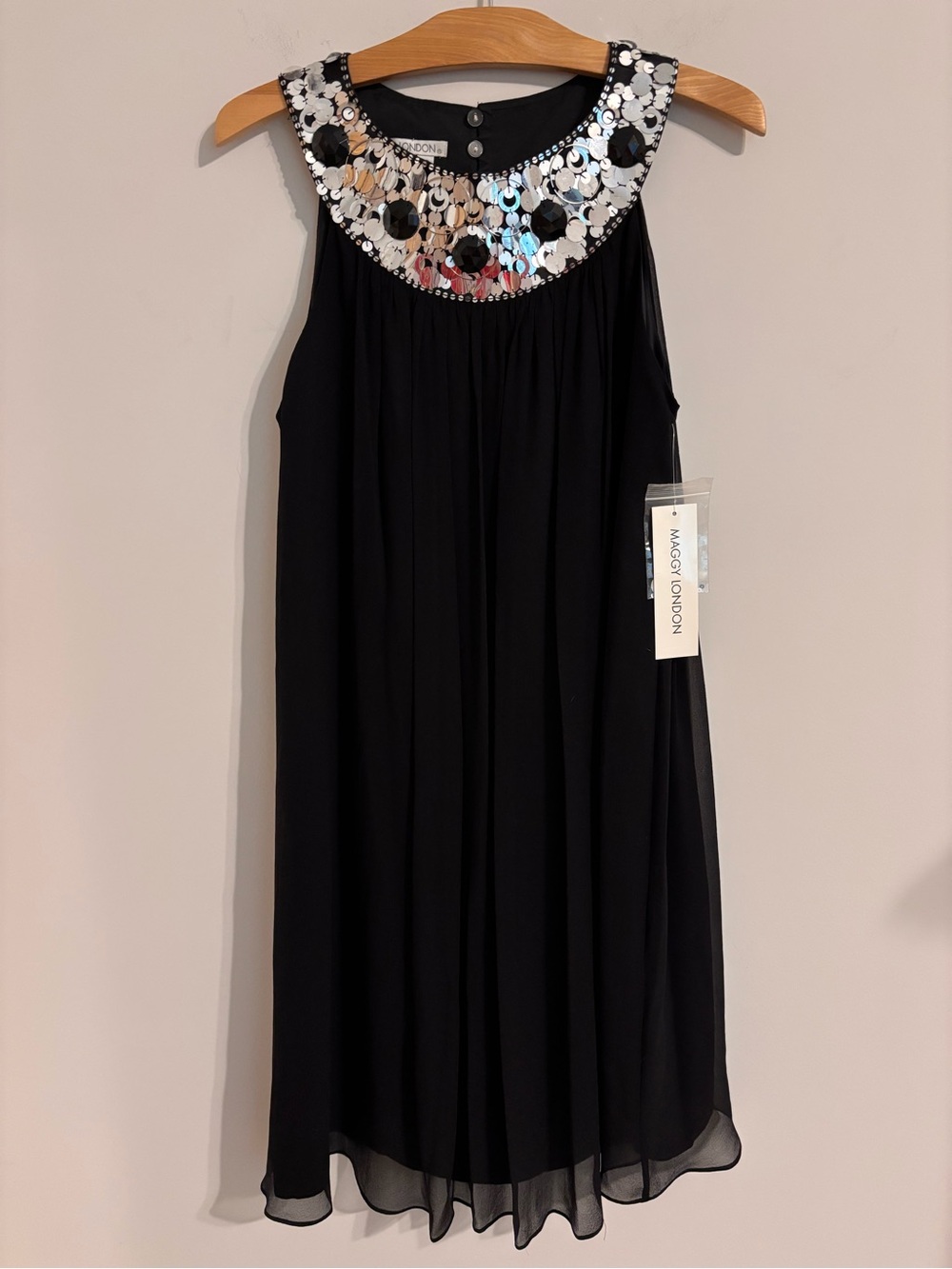 Maggy London NWT 100% Silk LittleBlack Sequined Flare Cocktail Dress